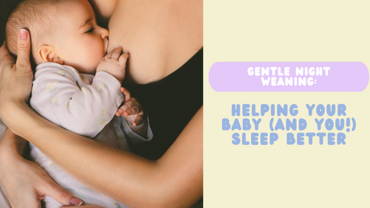 blog image for night weaning blog with a baby breastfeeding on left and blog title on right, gentle night weaning: helping your baby and you sleep better.